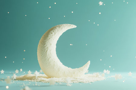 A moon with stars on it is on a Colorful background. The moon is surrounded by a white cloud of snowの素材
