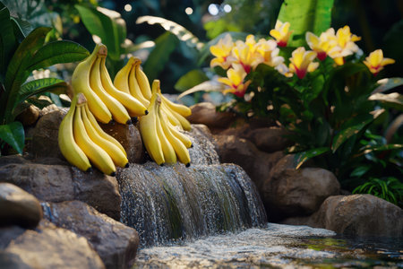 A waterfall with bananas and flowers in the background. The bananas are yellow and the flowers are yellow and pinkの素材