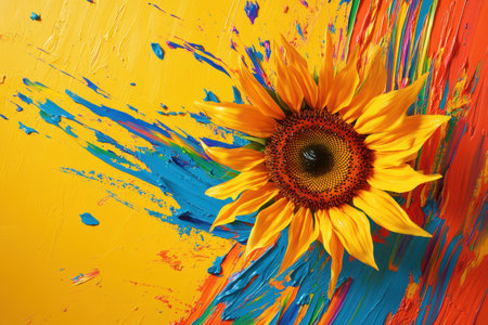 A yellow sunflower is surrounded by splatters of paint on a yellow background. The painting has a vibrant and colorful feel to it, with the sunflower being the focal point of the pieceの素材