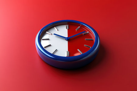 A clock with the hands at the 12 and 6. The clock is blue and red. The red and blue colors are contrasting and the clock is placed on a red backgroundの素材