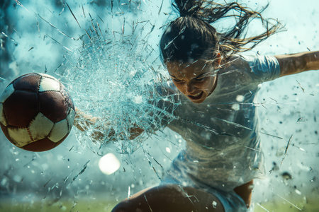 A woman is kicking a soccer ball and the ball is flying through the air. The scene is blurry and the woman is wearing a white shirtの素材