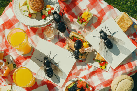 A table with a red and white checkered tablecloth and a variety of food and drinks. There are several insects, including a black fly, on the tableの素材