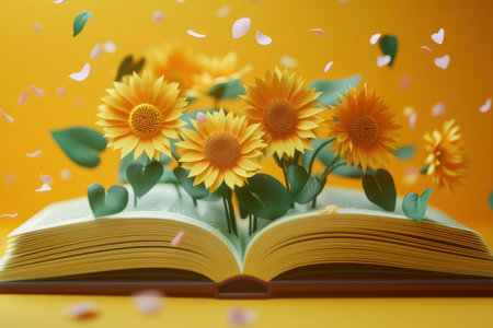 A book open to a page with a bunch of yellow flowers. The flowers are scattered throughout the page, with some on the left side, some in the middle, and others on the right sideの素材