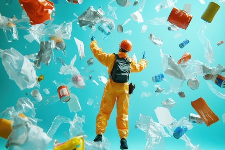 A man in a yellow jumpsuit is surrounded by garbage and debris. The scene is chaotic and overwhelming, with the man looking up in the air as if trying to escape the messの素材
