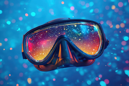 A pair of goggles with a colorful lens and a starry background. The goggles are floating in the air, giving the impression of a futuristic or sci-fi settingの素材