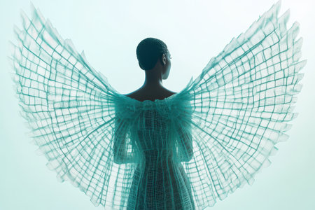 A woman is wearing a dress with a wing on it. The dress is made of a material that looks like a spider web. The woman is standing in front of a white backgroundの素材