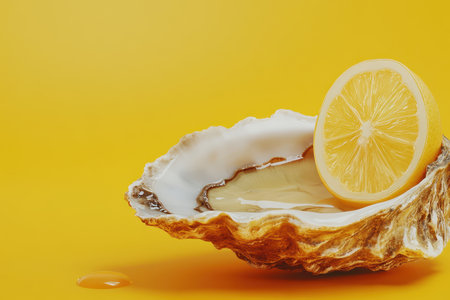 A lemon wedge sits on top of a shell. The shell is yellow and the lemon is yellowの素材