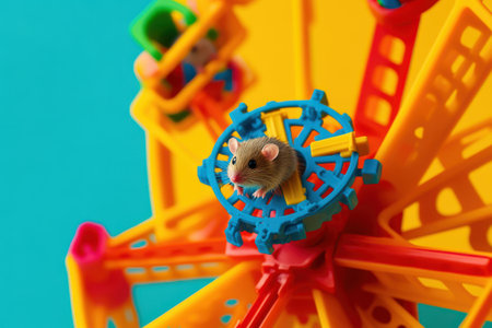 A small hamster is sitting on top of a toy carousel. The hamster is looking up at the cameraの素材