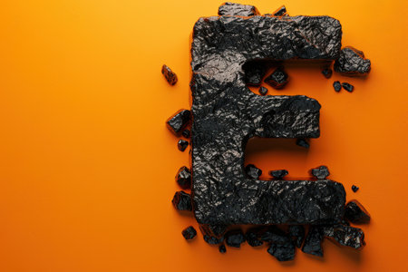 The letter E is made of rocks and is on an orange background. The rocks are scattered around the letter, giving it a rough and jagged appearance. Concept of chaos and disorderの素材