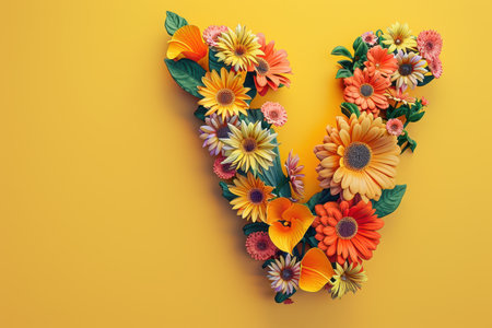 A large flowery letter V on a yellow background. The flowers are arranged in a way that they resemble the letter V, with each petal representing a letter. Scene is vibrant and cheerfulの素材