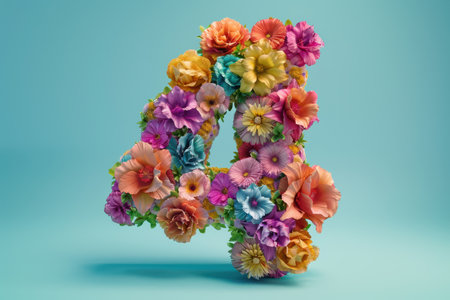 The number 4 is made up of flowers. The flowers are in different colors and are arranged in a way that makes the number look like a flower. The image has a bright and cheerful moodの素材