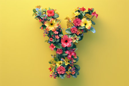 The letter Y is made up of various flowers and plants. The flowers are arranged in a way that creates a sense of movement and life. Scene is one of beauty and natural wonderの素材