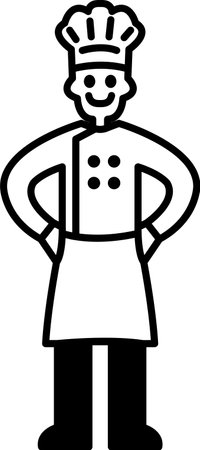 A cartoon chef is smiling and wearing a white apron. He is standing with his hands on his hipsのイラスト素材