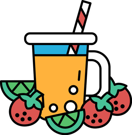 A cartoon drawing of a cup of juice with a straw and a strawberry on top. The juice is orange and the straw is red and whiteのイラスト素材
