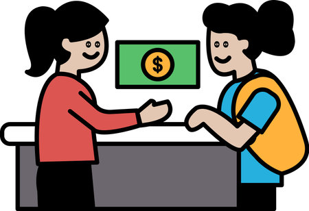 Two women are exchanging money at a counter. One of them is wearing a red shirt. The woman on the left is giving money to the woman on the rightのイラスト素材