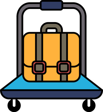 A luggage cart with a yellow suitcase on it. The suitcase is black and brownのイラスト素材