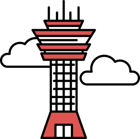 A tall red building with a white cloud in the background. The building is a tower and it is redのイラスト素材