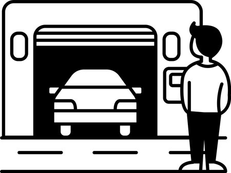 A man is standing in front of a car in a garageのイラスト素材