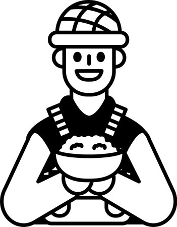 A soldier in a hat is holding a bowl of riceのイラスト素材