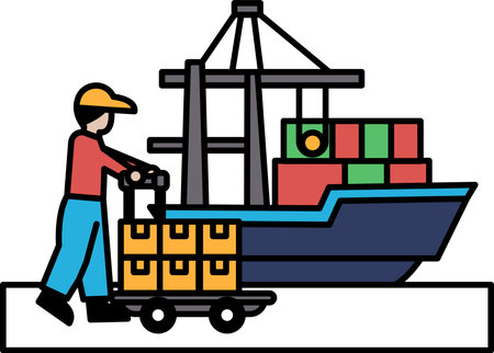 A man is pushing a cart with boxes on it. The cart is next to a large blue boatのイラスト素材
