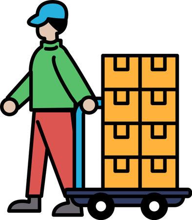 A man is pushing a cart with boxes on it. The boxes are stacked and the man is wearing a green shirtのイラスト素材