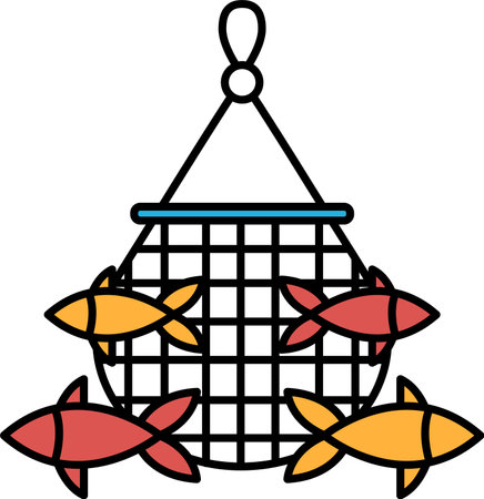 A fishing net with a bunch of fish in it. The fish are orange and red. The net is hanging from a ropeのイラスト素材