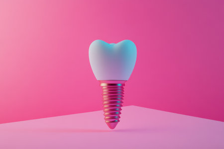 A tooth with a screw in it is shown on a pink background. The tooth is white and the screw is gold. Concept of dental care and the importance of maintaining good oral hygieneの素材