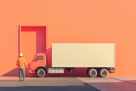 A man in a hard hat stands in front of a large orange truck. The truck is parked in front of a building with a red wall. The man is inspecting the truck or preparing to load or unload somethingの素材