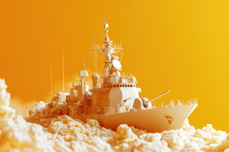 A large, yellow and white ship is soaring through a fluffy, white cloud of foam. The foam is scattered throughout the sky, creating a whimsical and playful atmosphere. The ship appears to be a modelの素材