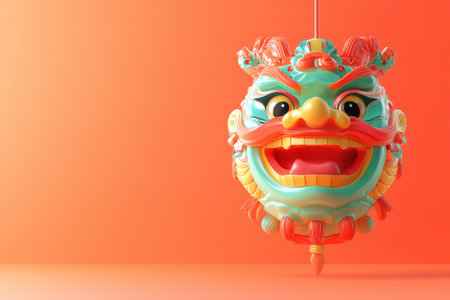 A cartoonish face with a big smile is suspended in midair. The face is green and red, and it is a dragon. Scene is cheerful and playfulの素材