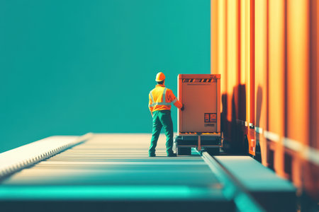A man in a safety vest is pushing a cart with a box on it. The scene is set in a warehouse with orange and blue wallsの素材