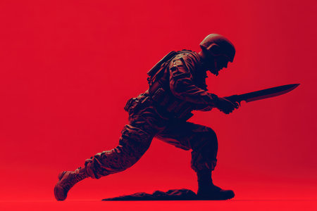 A soldier is running with a knife in his hand. The image has a dark and intense mood, as the soldier is in a combat situationの素材