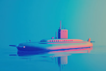 A large submarine is floating in the water with clouds in the backgroundの素材