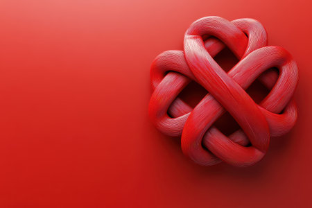 A red heart shape is on a red background. The heart shape is twisted and has a unique design. Concept of love and passionの素材