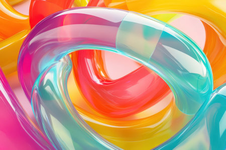 A colorful, abstract design of a rainbow with a purple and orange circle in the middle. The design is made of clear plastic and has a shiny, reflective surface. The colors are bright and vibrantの素材