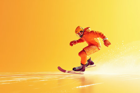 A man in orange ski gear is in mid-air while snowboarding. The image has a bright and energetic mood, with the orange color of the skier's outfitの素材