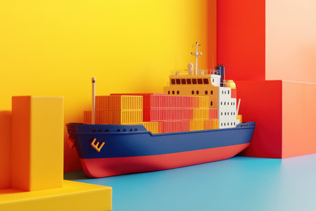 A ship is docked in the water next to a cityの素材