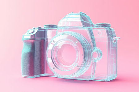 A camera is shown in a glass case with a colorful backgroundの素材