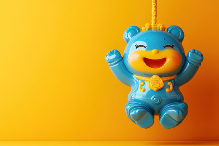 A blue teddy bear is hanging from a string. The bear is smiling and he is happyの素材