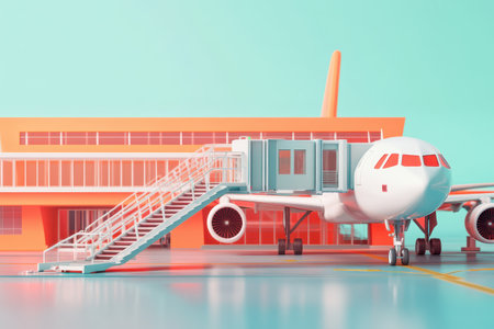 A white airplane is parked at an airport terminal. The terminal is orange and has a modern design. The airplane is the main focus of the image, and it is a large jetlinerの素材