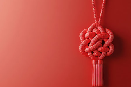 A red and white knot with a red string hanging from it. The knot is made of rope and the string is made of fabricの素材