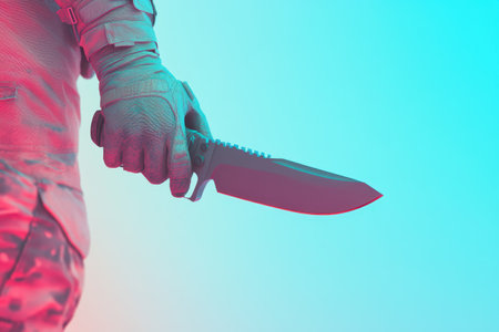 A person is holding a knife in their hand. The knife is black and has a silver handle. The person is wearing a black shirt and gloves. Scene is tense and serious, as the person is holding a weaponの素材