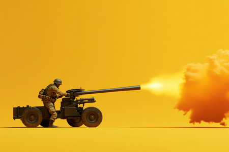 A man in a camouflage uniform is driving a large tank with a cannonの素材