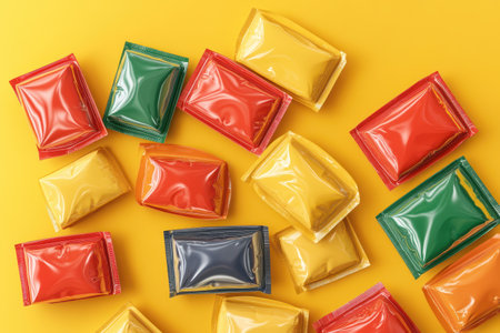 A bunch of colorful plastic packages of something. The colors are red, yellow, green, and blueの素材