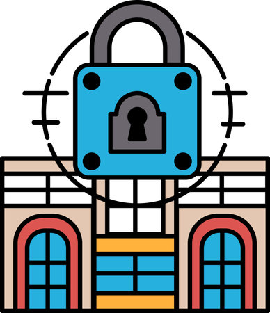 A blue lock is placed on the front of a large building. The lock is positioned in the center of the building, and it is a key that can be used to secure the entranceのイラスト素材