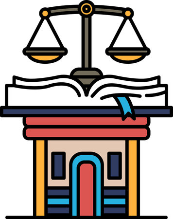 A building with a book and scales on top of it. The scales are balanced and the book is openのイラスト素材