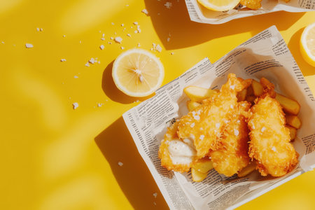 A basket of fish and fries sits on a backgroundの素材