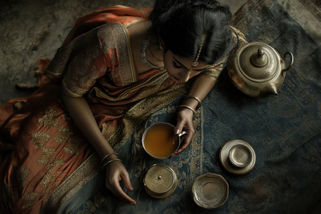A woman in a sari is holding a clay potの素材