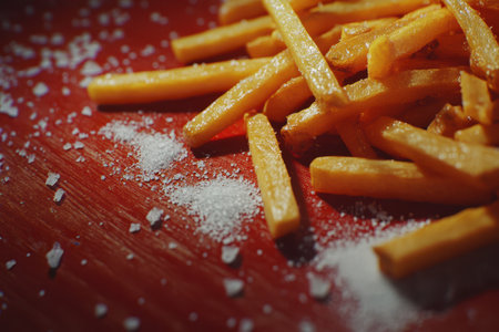 A box of fries is on a table with a pile of saltの素材