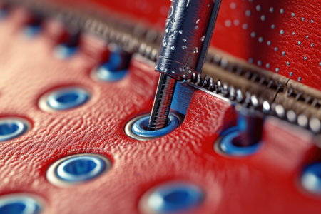 A close up of a red shoe with a blue dot in the center. The shoe is made of leather and has a silver pen in the center. The pen is used to make a hole in the leatherの素材